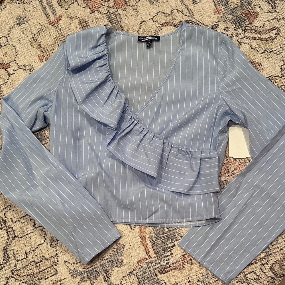 🔔Freshman Blue Pinstripe Ruffle Wrap Blouse
